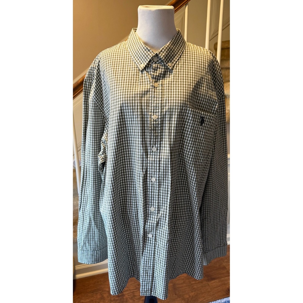 US Polo Assn Mens 3XL Button Down Shirt Olive Green White Gingham  Long Sleeve